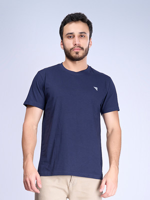 Ramraj Cotton Solid Men Round Neck Dark Blue T-Shirt