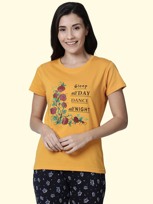 Kryptic Printed Women Round Neck Yellow T-Shirt