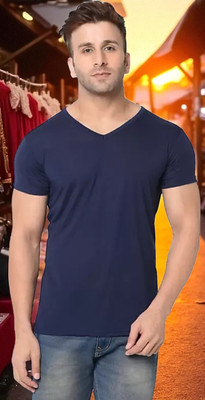 FARICON Solid Men Round Neck Dark Blue T-Shirt