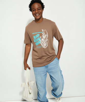MAX Printed Men Round Neck Brown T-Shirt