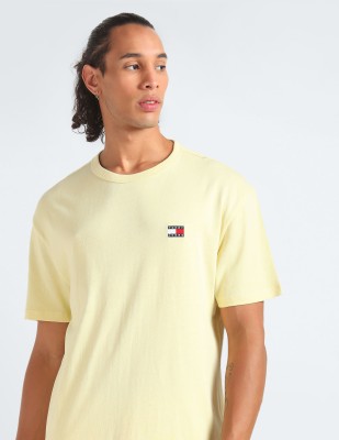 TOMMY HILFIGER Self Design Men Round Neck Yellow T-Shirt