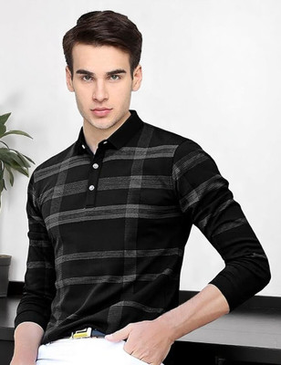 FAOES Striped Men Polo Neck Black T-Shirt