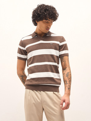 THE BEAR HOUSE Striped Men Polo Neck Brown T-Shirt