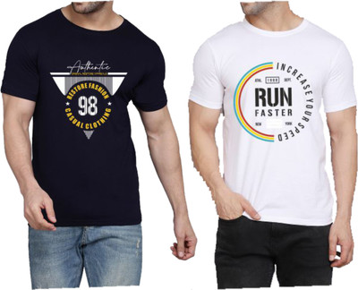 WOOSTRO Printed Men Round Neck Dark Blue, White T-Shirt