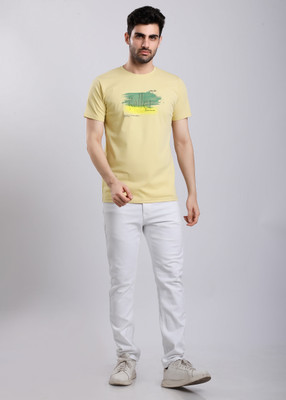 HIGHTRIBE Printed Men Round Neck Yellow T-Shirt