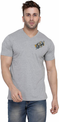 Lawful Casual Printed Men V Neck Grey T-Shirt