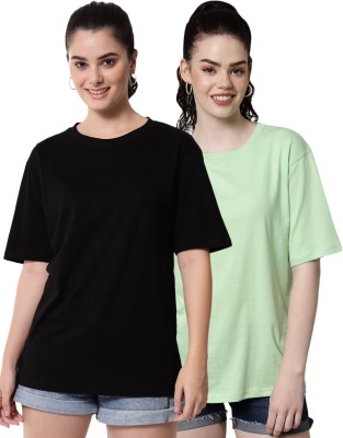 FUNDAY FASHION Solid Women Round Neck Black, Light Green T-Shirt