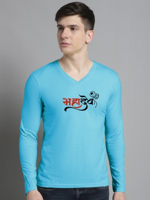 FBAR Typography Men V Neck Light Blue T-Shirt