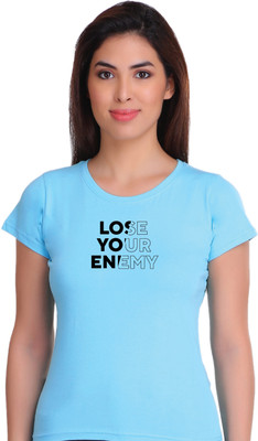 APE Graphic Print Women Round Neck Light Blue T-Shirt
