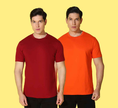 WOOSTRO Solid, Printed Men Round Neck Maroon, Orange T-Shirt