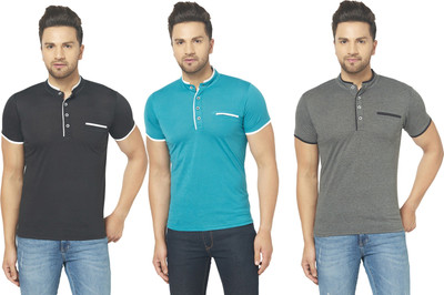 JB Jagoboy Solid Men Henley Neck Blue, Black, Grey T-Shirt