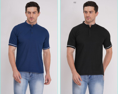Pavis Solid Men Mandarin Collar Blue, Black T-Shirt
