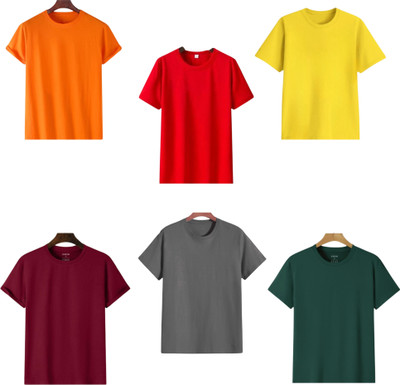 TTFE Solid Men Round Neck Orange, Red, Yellow, Maroon, Grey, Dark Green T-Shirt