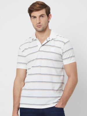 MUFTI Striped Men Polo Neck White T-Shirt