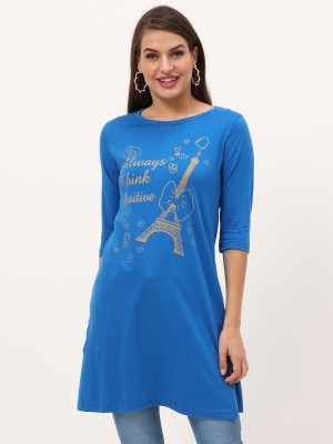 Fleximaa Printed Women Round Neck Blue T-Shirt