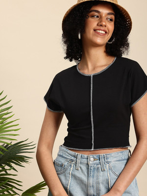 Mast & Harbour Solid Women Round Neck Black T-Shirt