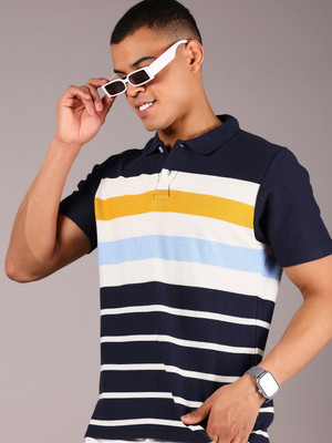 V-MART Striped Men Polo Neck Dark Blue T-Shirt