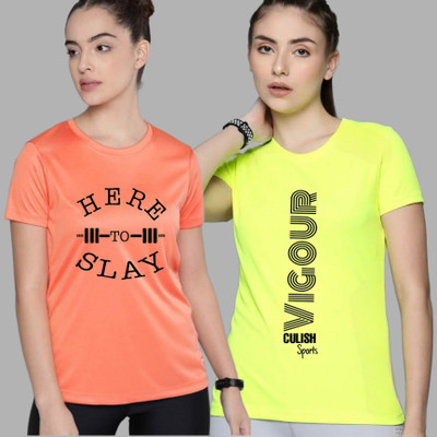 SPOWEARY Printed Women Round Neck Orange, Light Green T-Shirt