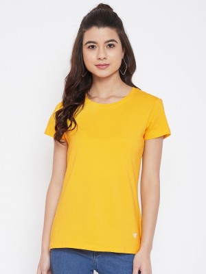 Camey Solid Women Round Neck Yellow T-Shirt