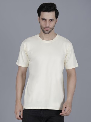 HASH AND DASH Solid Men Round Neck Beige T-Shirt