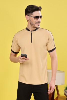 Madfrog Solid Men Zip Neck Beige T-Shirt