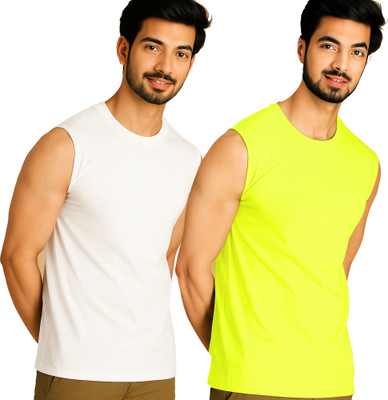 Adorbs Solid Men Round Neck White, Green T-Shirt