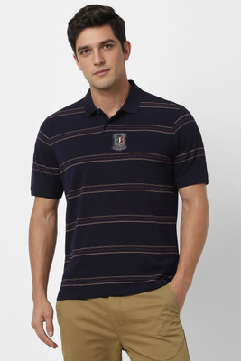 PETER ENGLAND Striped Men Polo Neck Dark Blue T-Shirt