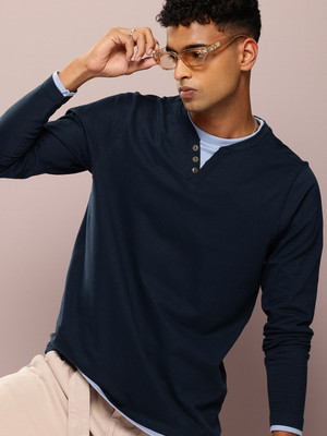 DILLINGER Solid Men V Neck Dark Blue T-Shirt