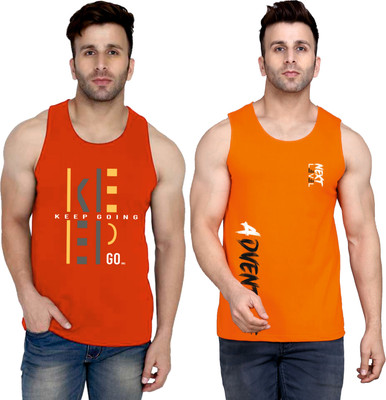 SLOWLORIS Printed, Typography Men Round Neck Red, Orange T-Shirt