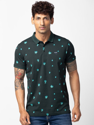 Spykar Printed Men Polo Neck Green T-Shirt