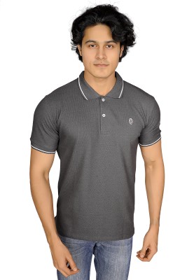 QUACKLY Self Design Men Polo Neck Grey T-Shirt
