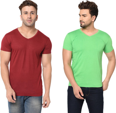 Moordale Fab Solid Men V Neck Maroon, Light Green T-Shirt