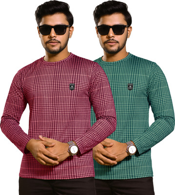 AVOLT Checkered Men Round Neck Maroon, Dark Green T-Shirt