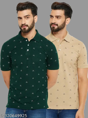 GLORIES Printed Men Polo Neck Green, Beige T-Shirt