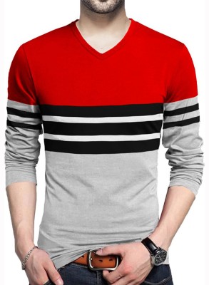 TRIPR Striped Men V Neck Red, Grey T-Shirt