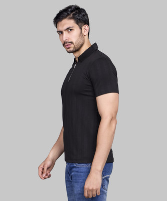 I&D Solid Men Polo Neck Black T-Shirt