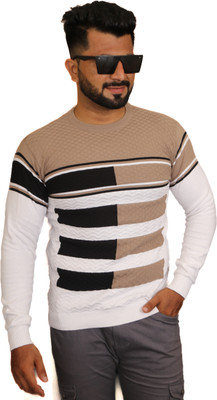 ANTMATCHER Colorblock Men Round Neck Brown, White T-Shirt