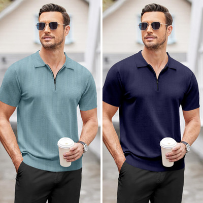 trueoath Solid, Self Design Men Polo Neck Light Blue, Dark Blue T-Shirt