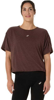 Asics Solid Women Round Neck Brown T-Shirt