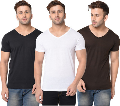 JB Jangoboy Solid Men V Neck White, Brown, Black T-Shirt