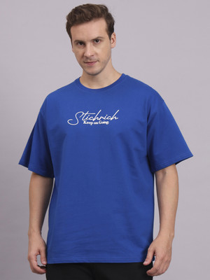 STICHRICH Solid Men Round Neck Blue T-Shirt