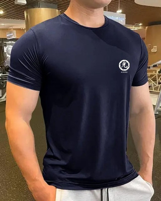 PATOIS Printed Men Round Neck Navy Blue T-Shirt
