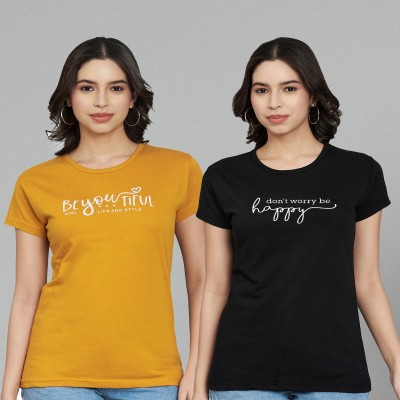 Trend Level Graphic Print Women Round Neck Yellow, Black T-Shirt