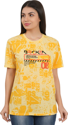 HouseOfCommon Printed Women Round Neck Yellow T-Shirt
