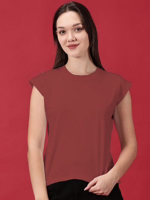 Novia Solid Women Round Neck Maroon T-Shirt