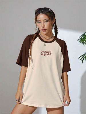 JUNEBERRY Printed Women Round Neck Beige, Brown T-Shirt