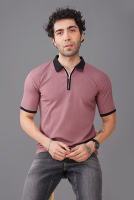 NB NICKY BOY Self Design Men Zip Neck Light Green T-Shirt