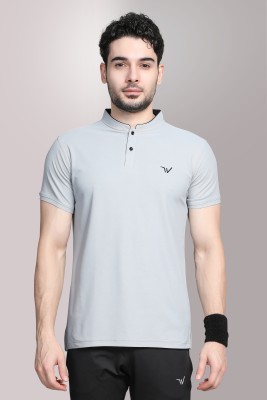 wewok Self Design, Solid, Sporty Men Mandarin Collar Grey, Multicolor T-Shirt