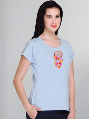 SZN Graphic Print Women Round Neck Light Blue T-Shirt