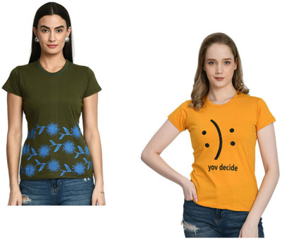 IndiWeaves Printed Women Round Neck Multicolor T-Shirt